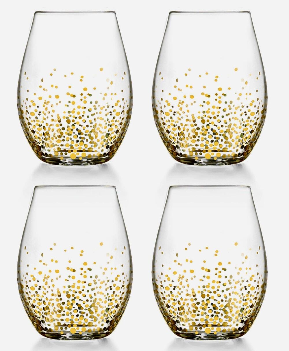 FITZ & FLOYD Gold Confetti Party Bridal Shower Stemless Mouth Blown Wine Glasses